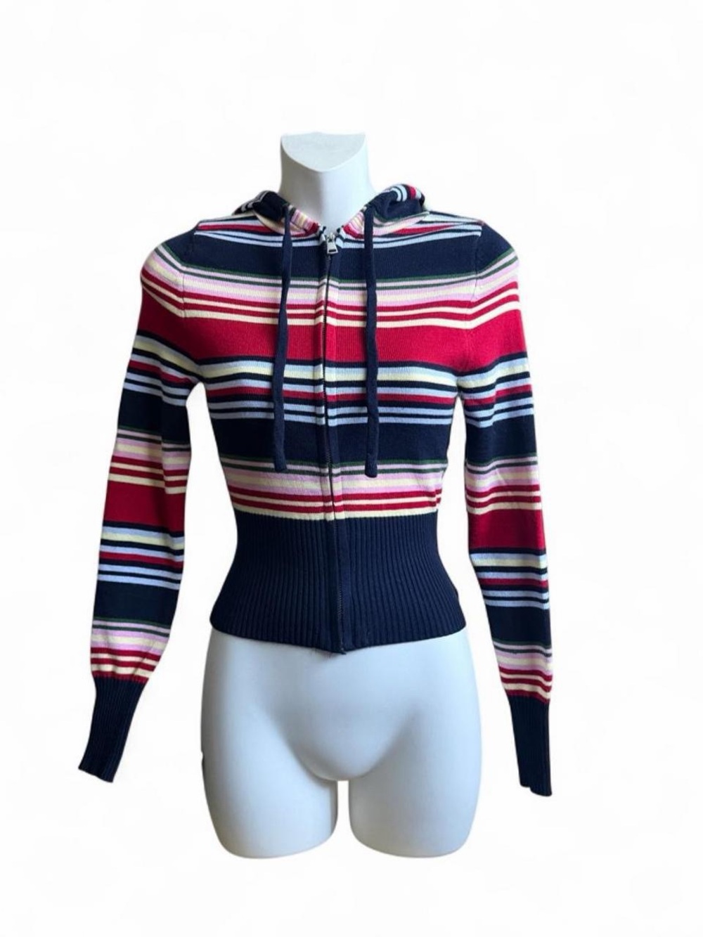 Forever 21 Striped Hooded Zip Cardigan - Navy, Red & Pink